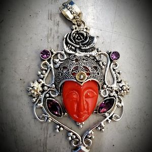 New Carved Red Goddess Face Amethyst 925 Silver Pendant.